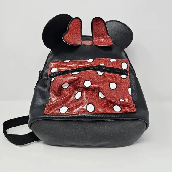 Bioworld Disney Minnie Mouse Backpack Purse Black Red Ears Small Bag Glitter - Picture 2 of 13